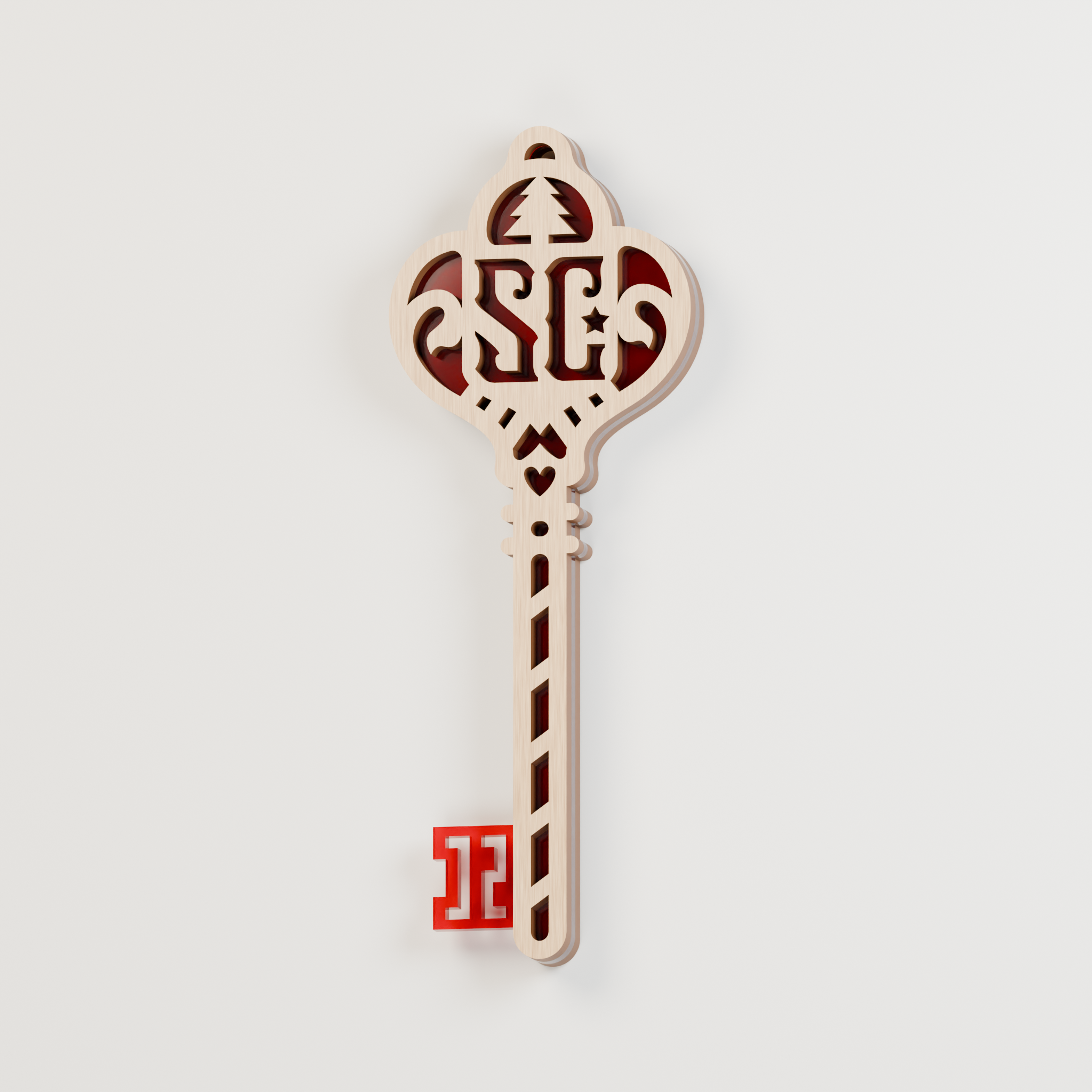 Wood and red acrylic Santa magic key, shown in a studio render